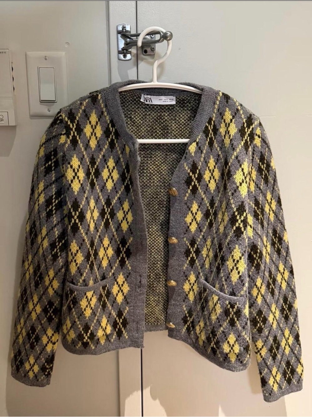 Zara Gray and Yellow Argyle Knit Blazer
